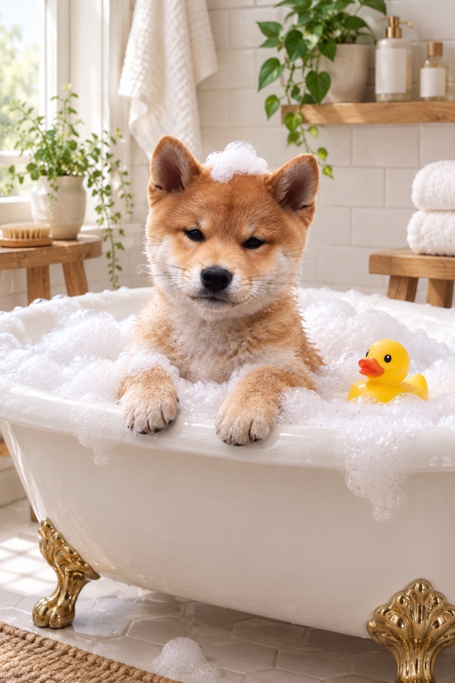 AI image of a Shiba Inu in a clawfoot bathtub full of bubbles with a rubber duck