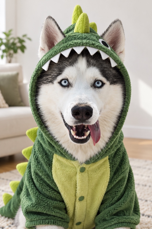 AI image of a Siberian Husky wearing a green dinosaur onesie with a toothy hood, in a living room