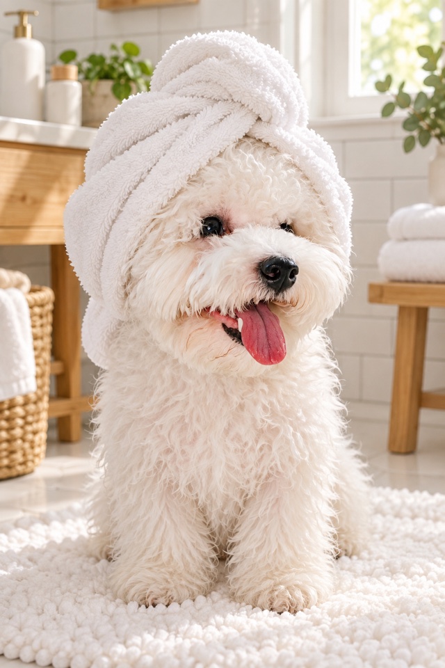 AI image of a white Bichon Frise with a white towel wrapped around its head after a bath