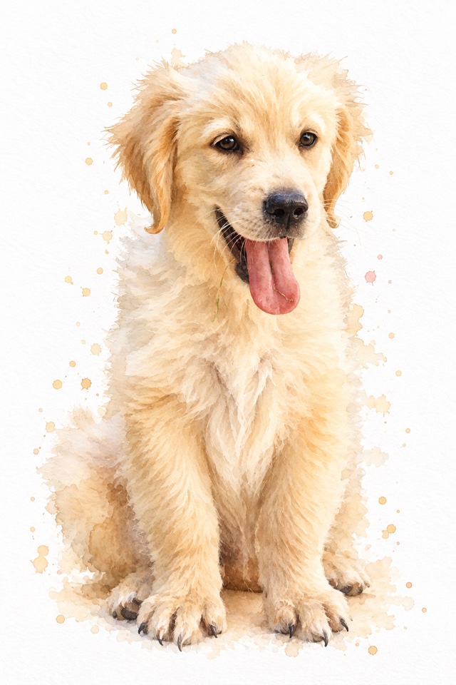 AI image of a golden retriever puppy painted as a soft watercolor portrait on a white background