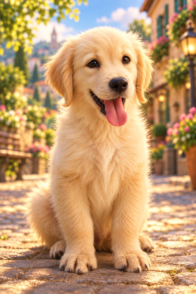AI image of a golden retriever puppy as a 3D animated movie character on a sunny cobblestone street lined with flowers