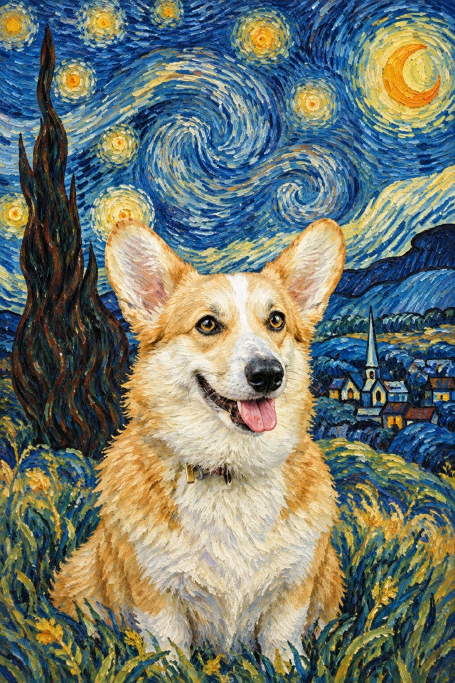 AI image of a corgi painted in a swirling, star-filled night sky with thick brushstrokes, a crescent moon and a cypress tree