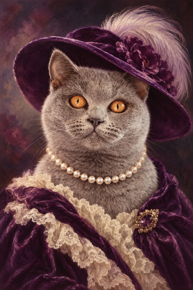 AI image of a grey British Shorthair cat painted as an oil portrait in a wide violet velvet hat with feathers and a pearl necklace