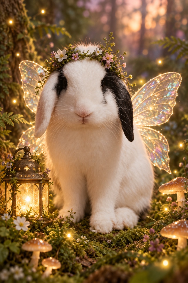 AI image of a black-and-white lop-eared rabbit as a forest fairy with glowing wings and a flower wreath, holding a small lantern among mushrooms