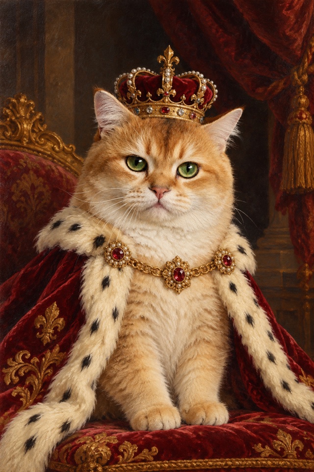 AI image of a golden British Shorthair cat painted as a royal oil portrait with a jeweled gold crown and a red velvet cape trimmed with ermine