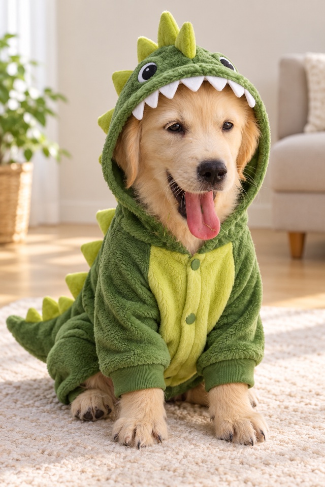 AI image of a golden retriever puppy wearing a green dinosaur onesie with a toothy hood, in a living room