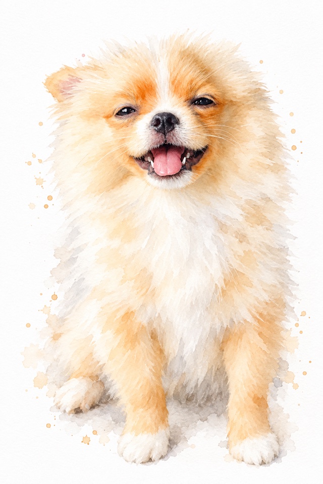 AI image of a Pomeranian painted as a soft watercolor portrait on a white background