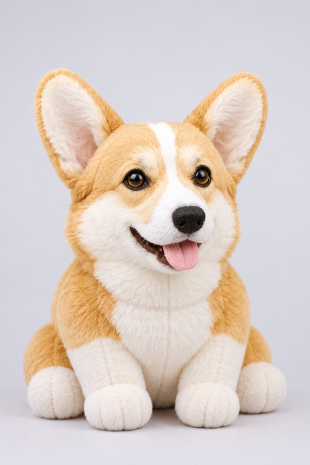 AI image of a corgi as a soft plush toy on a plain background