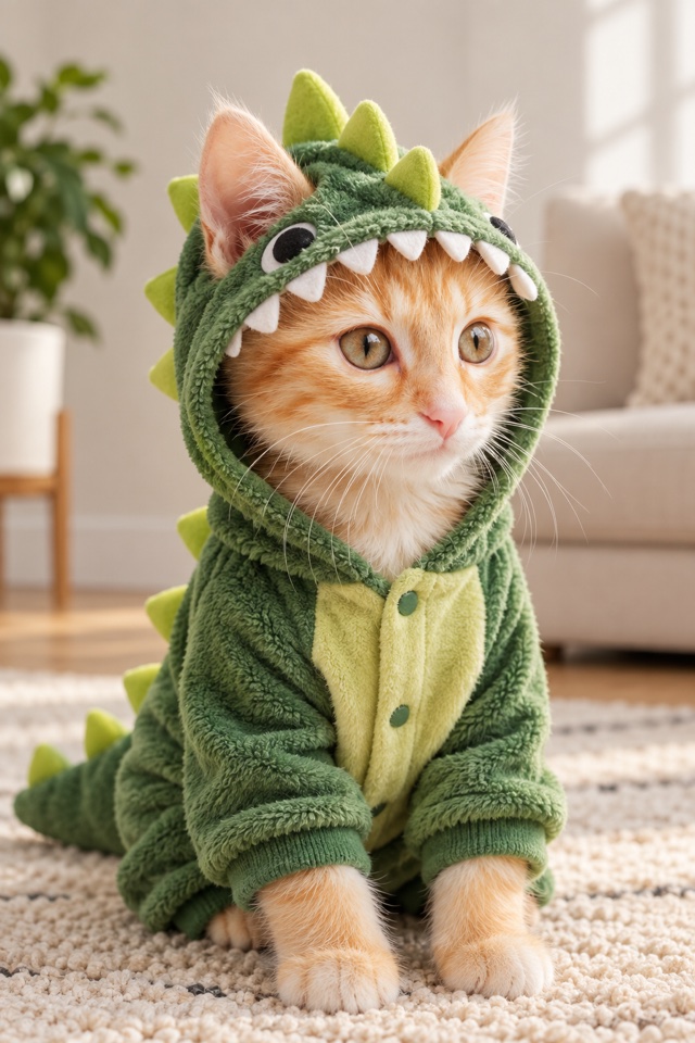 AI image of an orange tabby kitten wearing a green dinosaur onesie with a toothy hood, in a living room