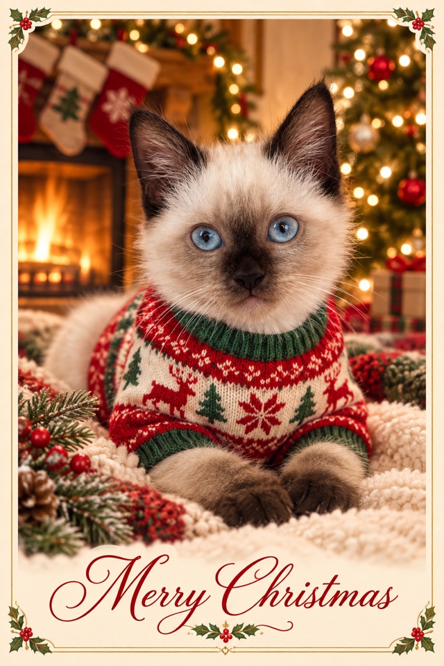 AI image of a Siamese cat wearing a red Christmas sweater by a fireplace, on a card that reads Merry Christmas
