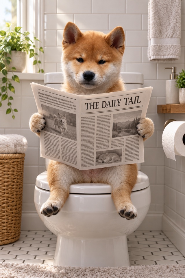 AI image of a Shiba Inu sitting on a toilet reading a newspaper in a bright bathroom