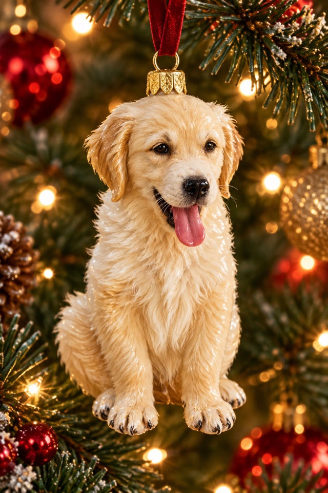 AI image of a golden retriever puppy as a glossy Christmas ornament hanging on a decorated tree