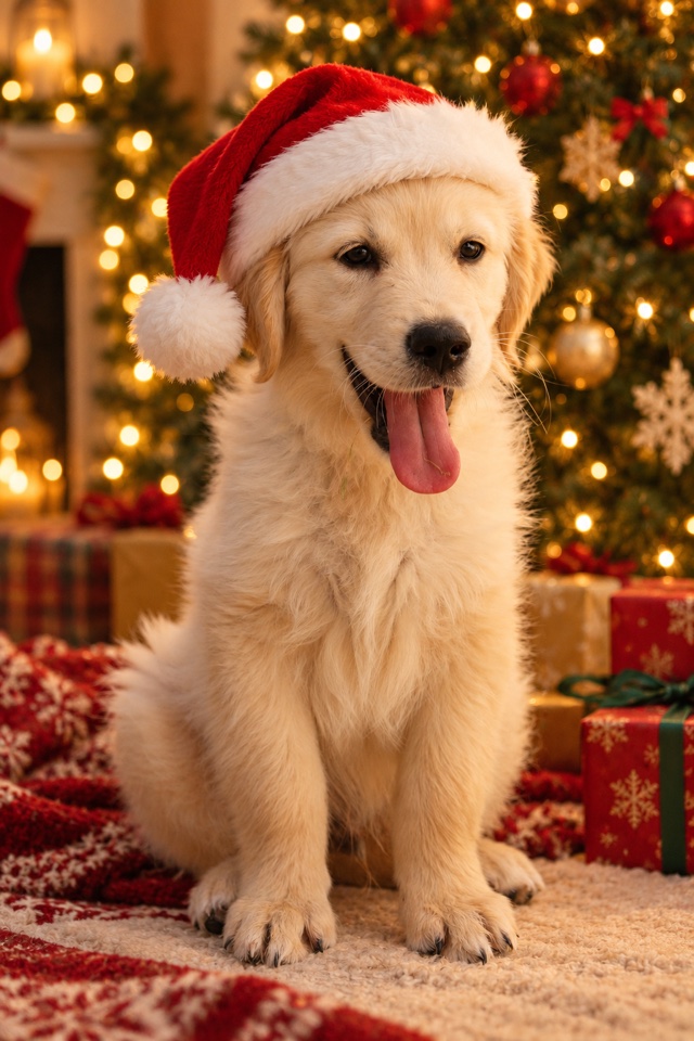 AI image of a golden retriever puppy wearing a red Santa hat in front of a lit Christmas tree