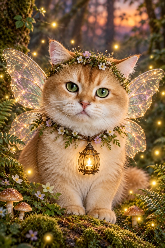 AI image of a golden British Shorthair cat as a forest fairy with glowing wings and a flower wreath, holding a small lantern among mushrooms