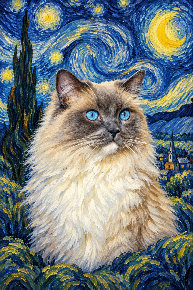 AI image of a blue-eyed ragdoll cat painted in a swirling, star-filled night sky with thick brushstrokes, a crescent moon and a cypress tree