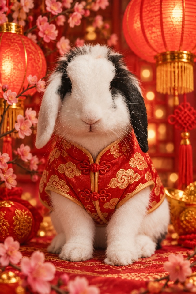 AI image of a black-and-white lop-eared rabbit wearing a red and gold traditional jacket among red lanterns and plum blossoms