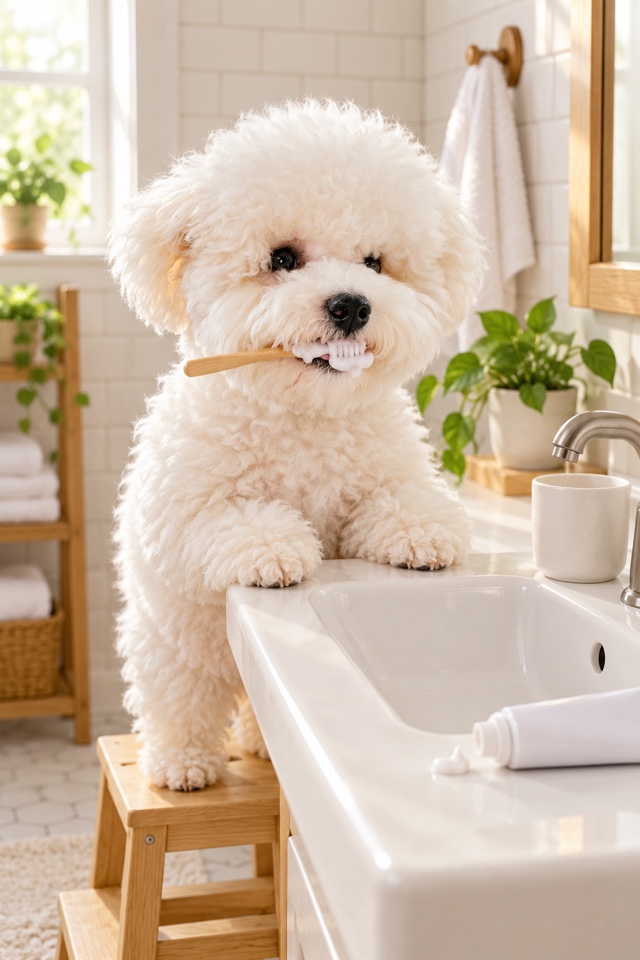 AI image of a white Bichon Frise brushing its teeth at a bathroom sink