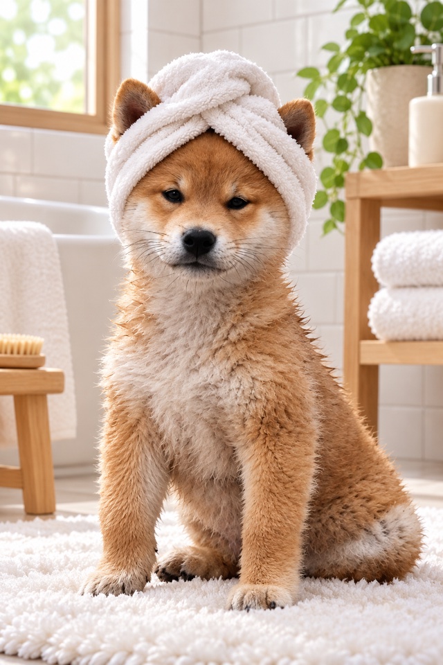 AI image of a Shiba Inu with a white towel wrapped around its head after a bath