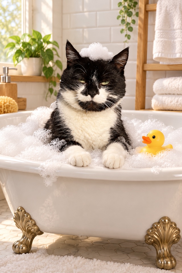 AI image of a black-and-white tuxedo cat in a clawfoot bathtub full of bubbles with a rubber duck