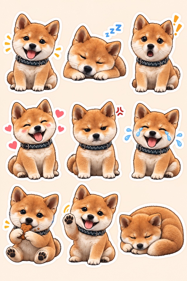 AI image of a Shiba Inu as a sheet of nine cartoon stickers, each with a different expression