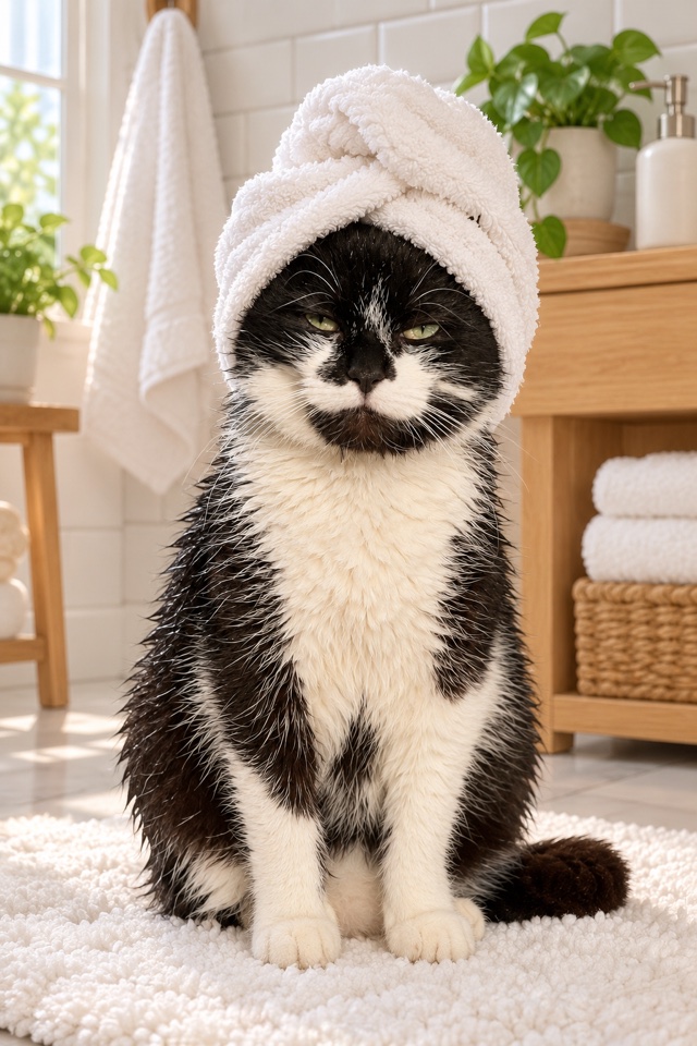 AI image of a black-and-white tuxedo cat with a white towel wrapped around its head after a bath