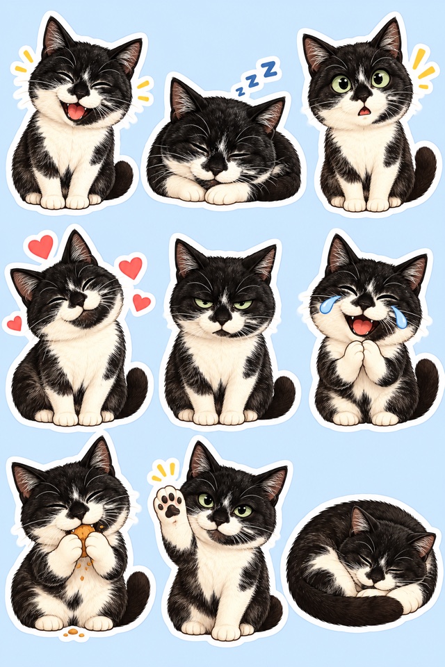 AI image of a black-and-white tuxedo cat as a sheet of nine cartoon stickers, each with a different expression
