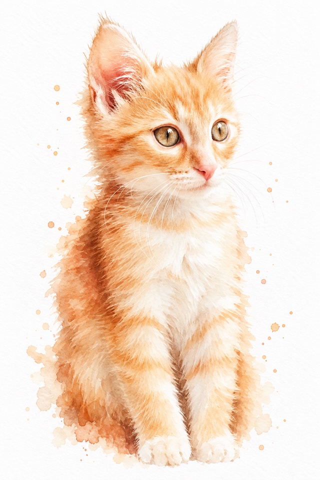AI image of an orange tabby kitten painted as a soft watercolor portrait on a white background