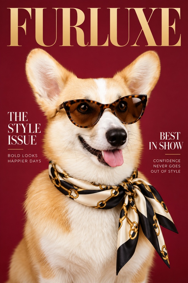 AI image of a corgi on a fashion magazine cover, wearing sunglasses and a silk scarf