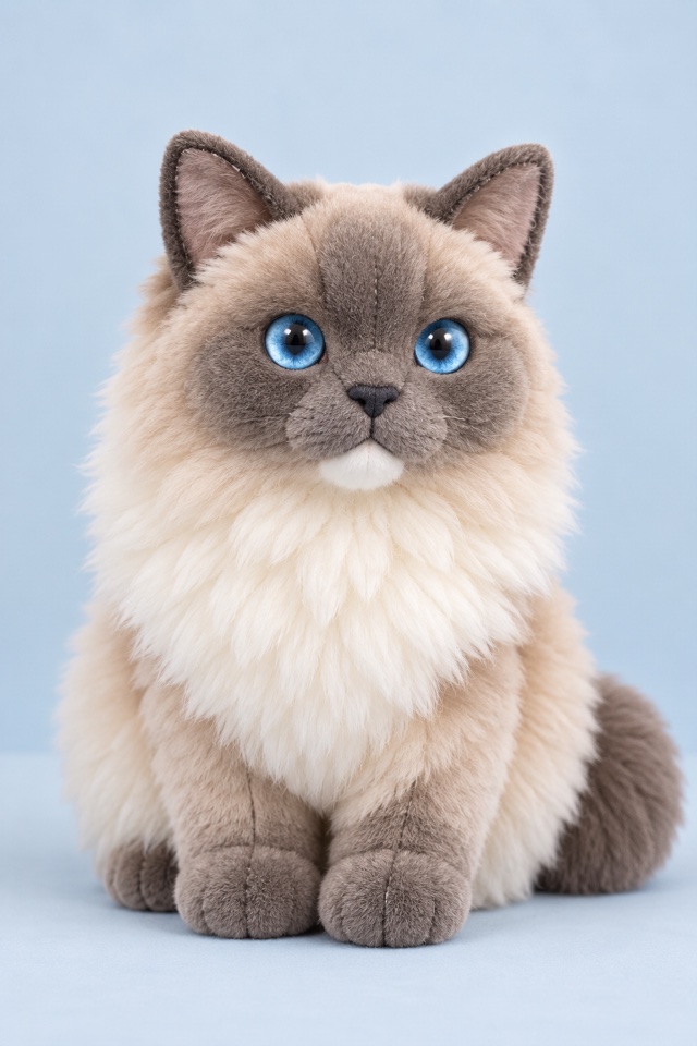 AI image of a blue-eyed ragdoll cat as a soft plush toy on a plain background