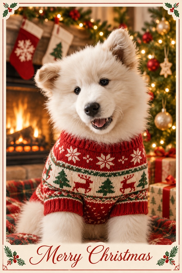 AI image of a white Samoyed puppy wearing a red Christmas sweater by a fireplace, on a card that reads Merry Christmas