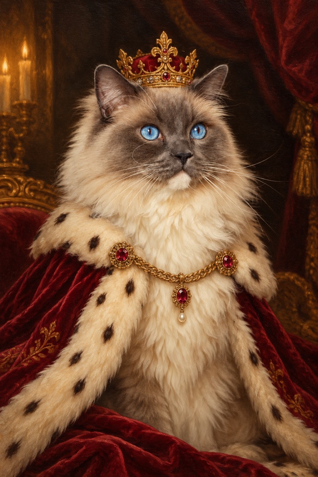 AI image of a blue-eyed ragdoll cat painted as a royal oil portrait with a jeweled gold crown and a red velvet cape trimmed with ermine
