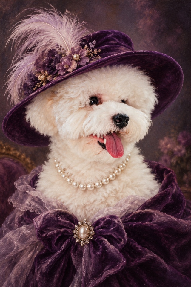 AI image of a white Bichon Frise painted as an oil portrait in a wide violet velvet hat with feathers and a pearl necklace