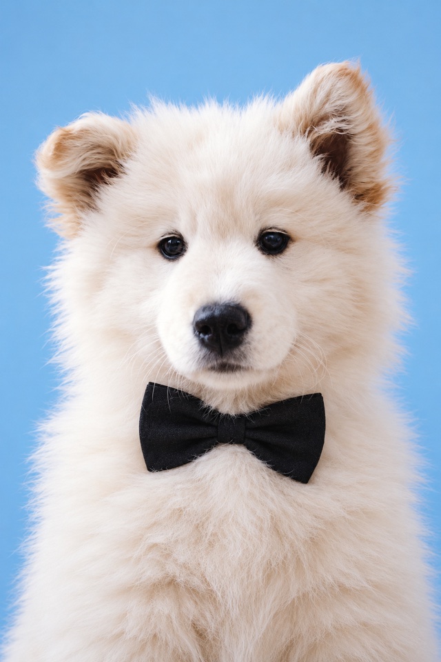 AI image of a white Samoyed puppy in a front-facing ID-style headshot on a plain blue background