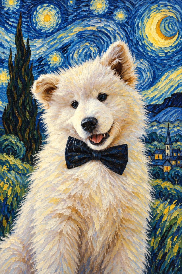AI image of a white Samoyed puppy painted in a swirling, star-filled night sky with thick brushstrokes, a crescent moon and a cypress tree