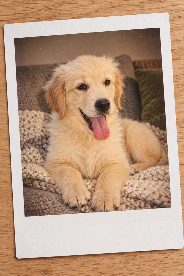 AI image of a golden retriever puppy resting on a knit blanket, shown as an instant-film print with a white border