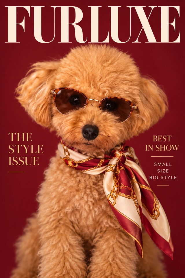 AI image of a red toy poodle on a fashion magazine cover, wearing sunglasses and a silk scarf