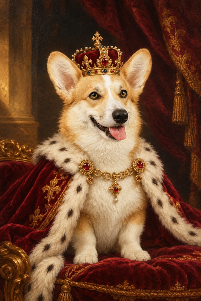 AI image of a corgi painted as a royal oil portrait with a jeweled gold crown and a red velvet cape trimmed with ermine