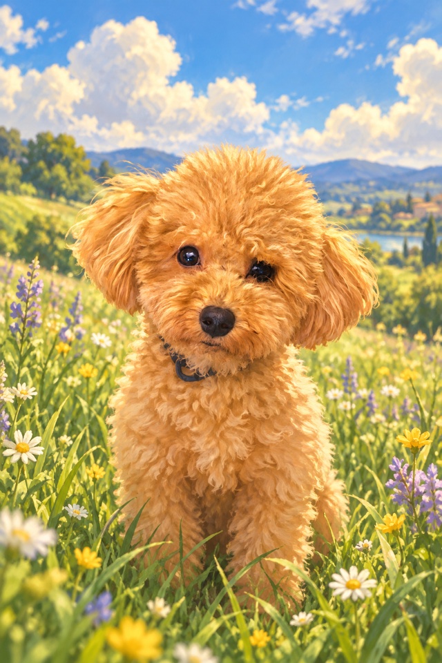 AI image of a red toy poodle in a soft hand-painted anime style, sitting in a sunny meadow under summer clouds