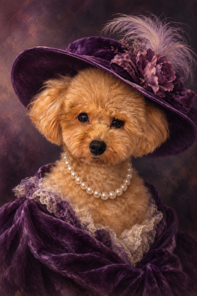 AI image of a red toy poodle painted as an oil portrait in a wide violet velvet hat with feathers and a pearl necklace