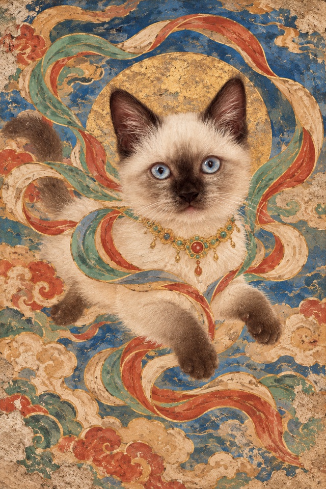 AI image of a Siamese cat painted in the style of an ancient cave mural, surrounded by flowing ribbons