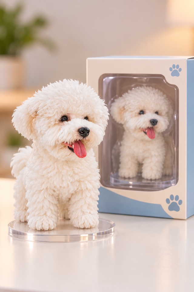 AI image of a white Bichon Frise as a small collectible figure on a clear stand next to its window display box