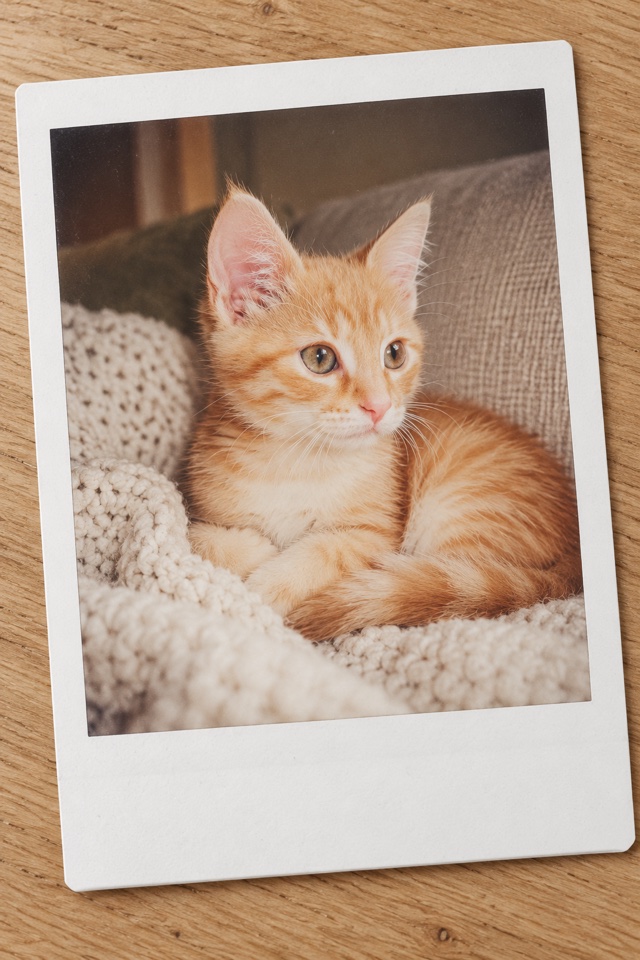 AI image of an orange tabby kitten resting on a knit blanket, shown as an instant-film print with a white border