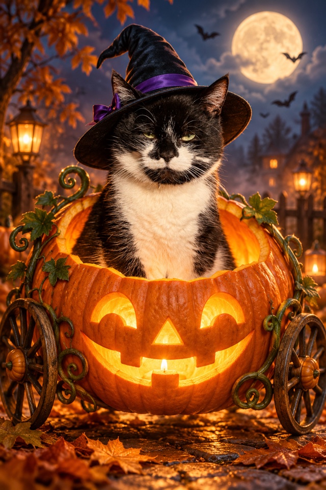 AI image of a black-and-white tuxedo cat wearing a witch hat in a glowing jack-o'-lantern carriage under a full moon