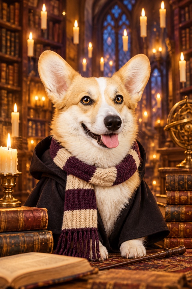 AI image of a corgi as a little wizard in a black robe and a striped scarf, in a candlelit library