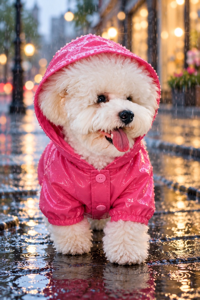 AI image of a white Bichon Frise wearing a shiny pink hooded raincoat on a rainy city street at night
