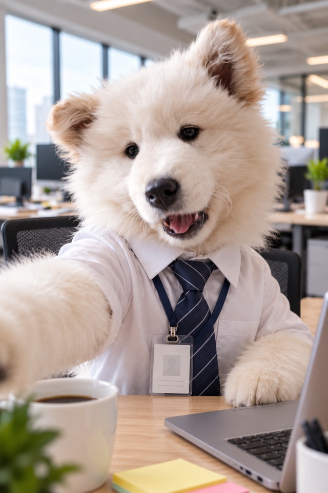 AI image of a white Samoyed puppy in a white shirt, tie and ID badge, taking a selfie at an office desk