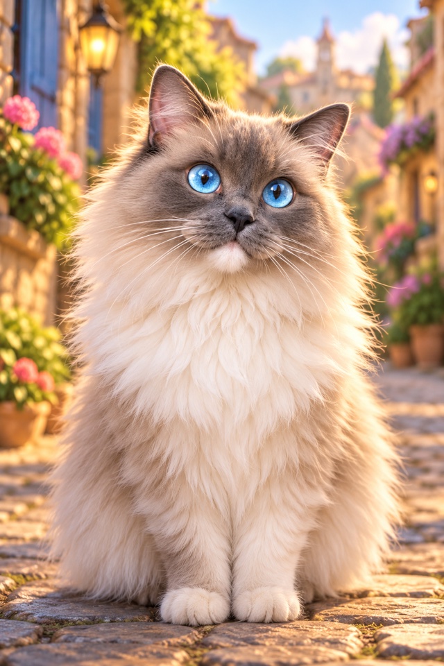 AI image of a blue-eyed ragdoll cat as a 3D animated movie character on a sunny cobblestone street lined with flowers