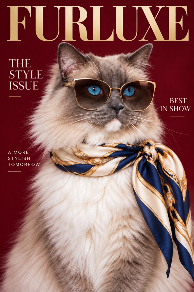 AI image of a blue-eyed ragdoll cat on a fashion magazine cover, wearing sunglasses and a silk scarf
