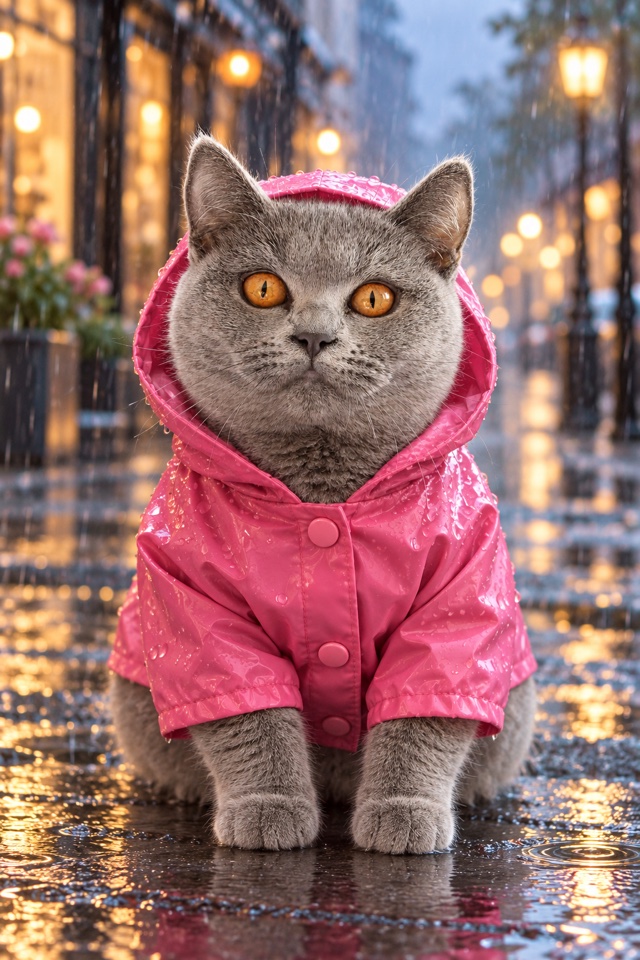 AI image of a grey British Shorthair cat wearing a shiny pink hooded raincoat on a rainy city street at night