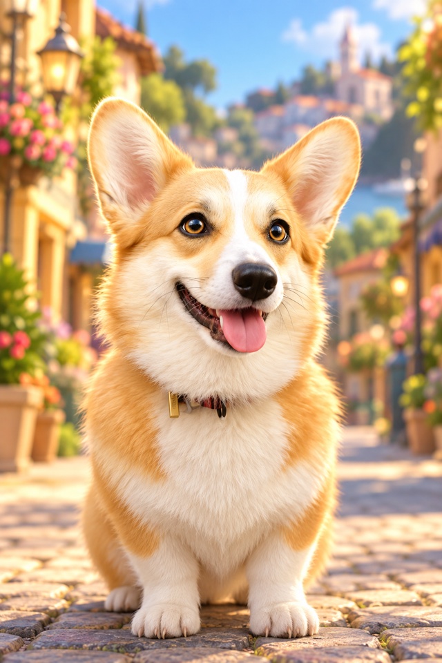 AI image of a corgi as a 3D animated movie character on a sunny cobblestone street lined with flowers